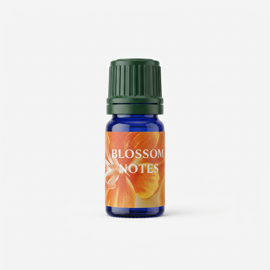 Bottle of 'Blossom Notes' essential oil on a white background