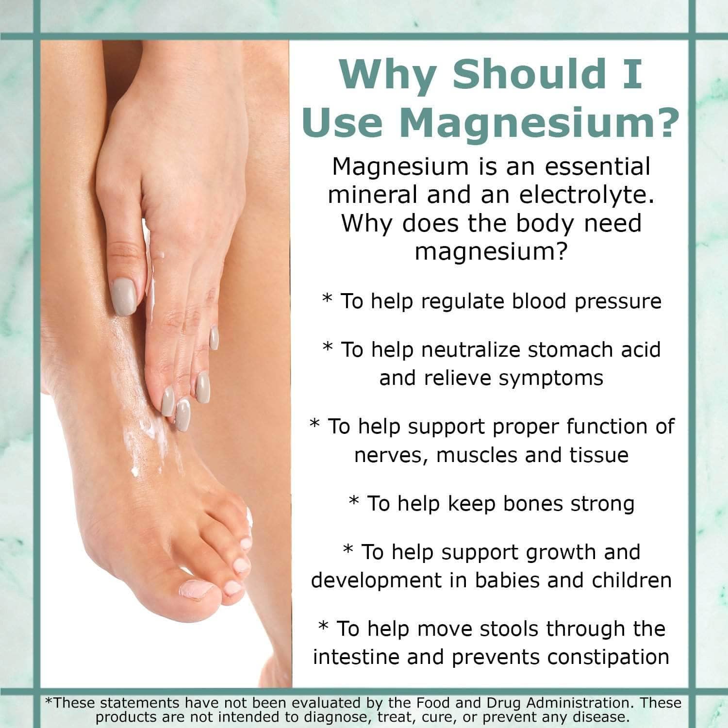 Hand applying ŐSIMAGNESIUM Magnesium Foot Cream with visible list of benefits explaining why to use magnesium