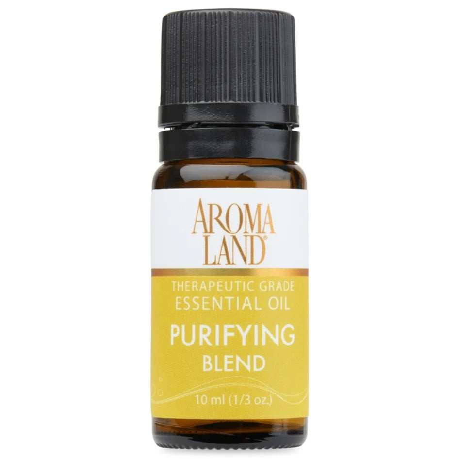 A bottle of Aromaland Purifying Blend essential oil on a white background