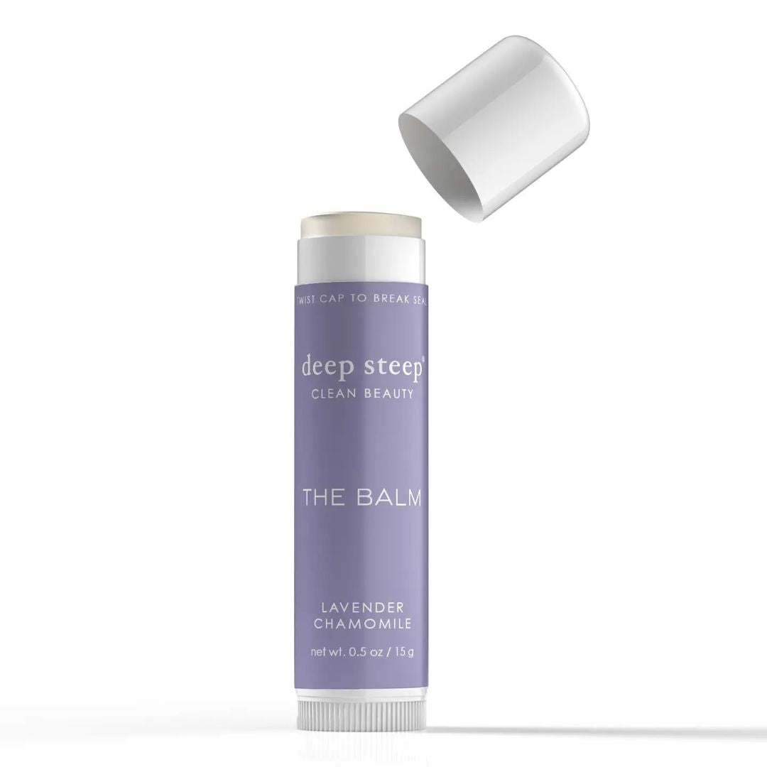 Lavender chamomile THE BALM Body balm with open cap on a white background, featuring 'deep steep' brand.