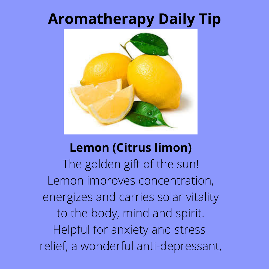 image with purple background with text tips about the benefits of lemon essential oil