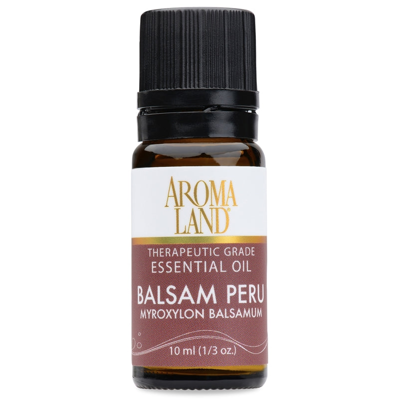 A bottle of Aromaland Balsam Peru essential oil on a white background