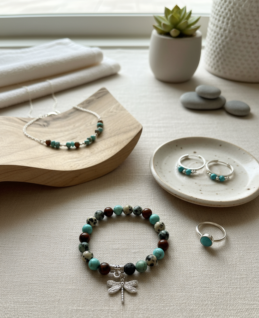Turquoise & Jasper Essential Oil Diffuser Bracelet-Dragonfly Charm
