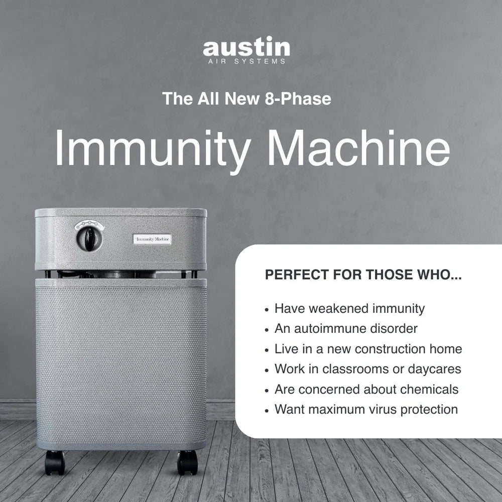 Austin Air Systems immunity machine on a wooden floor with promotional text on a gray background