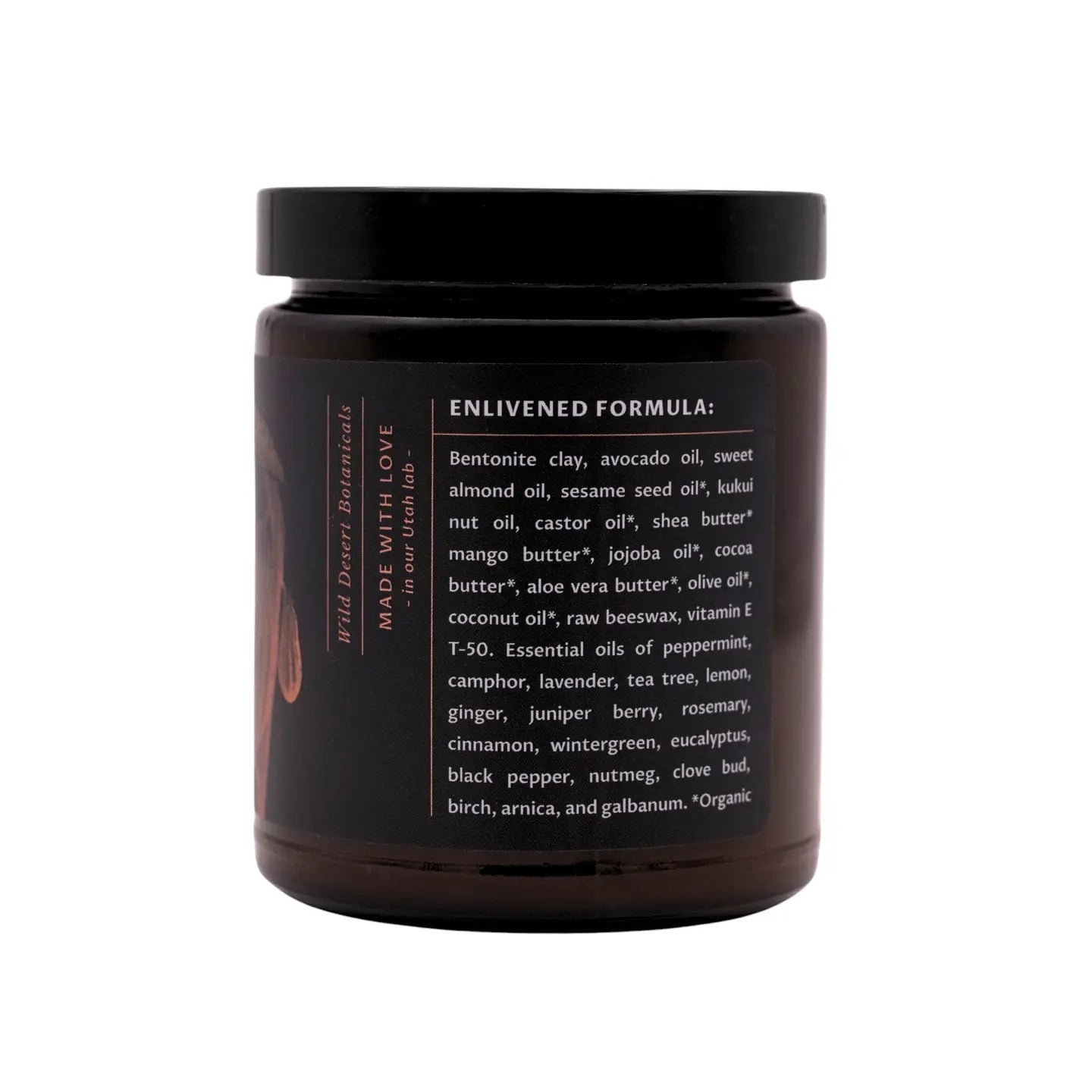 Ingredients list on Brown jar with black lid on a white background