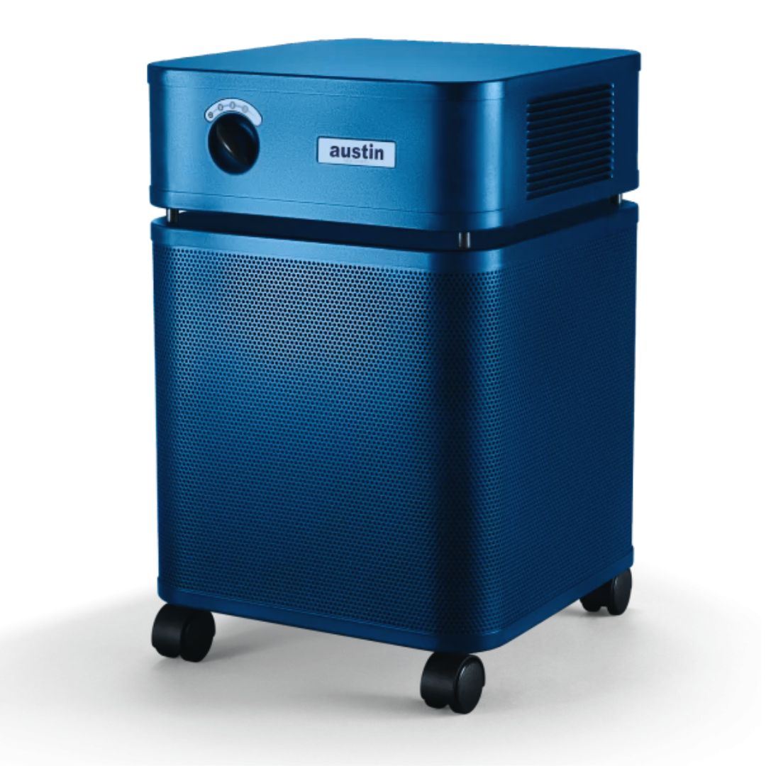 Blue air purifier with 'austin' branding on a white background