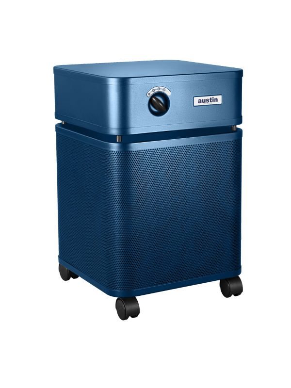 Blue air purifier with 'austin' branding on a white background