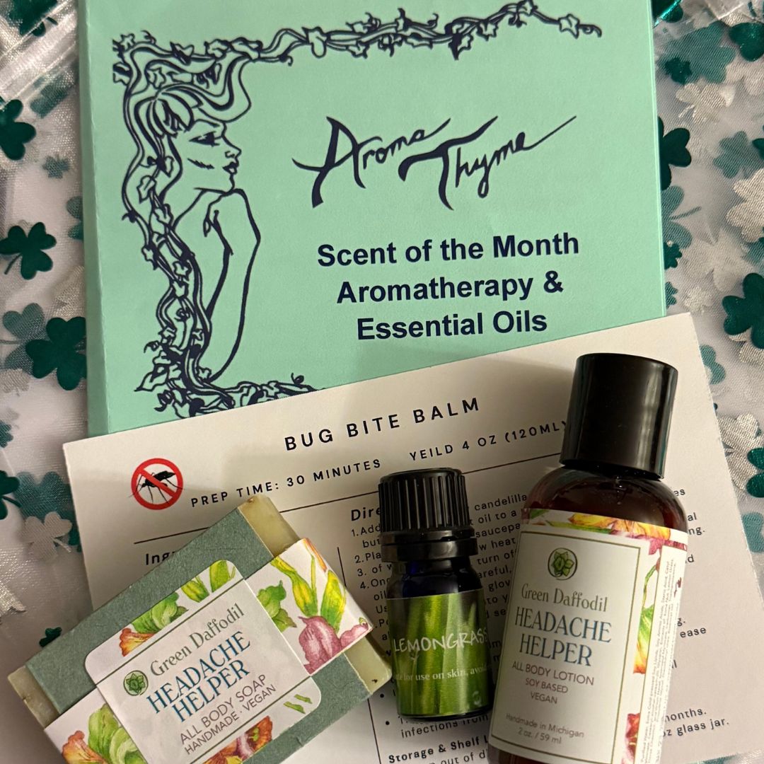 March Scent of the Month Club Featuring Lemongrass essential oil and Headache Helper Products