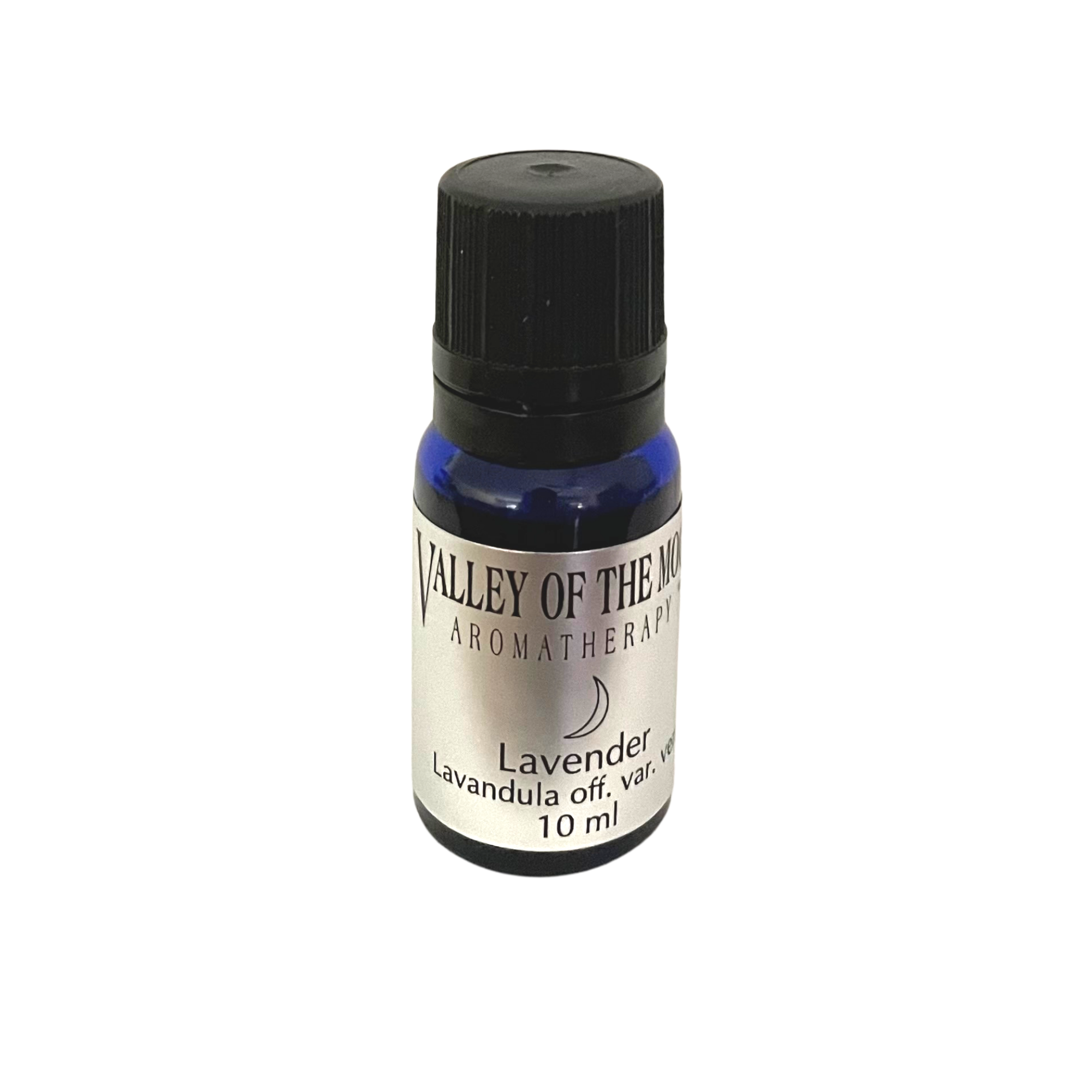 Bottle of Valley of the Moon Aromatherapy Lavender essential oil on a white background